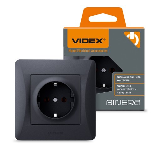VIDEX BINERA Розетка одинарная с заземлением черный графит