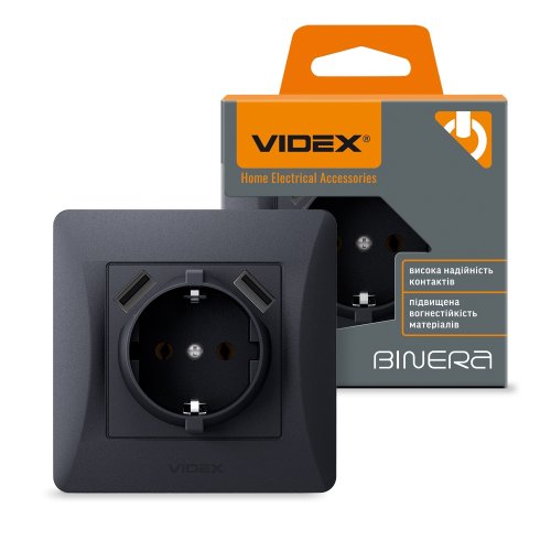 VIDEX BINERA Розетка одинарная с заземлением 2USB черный графит