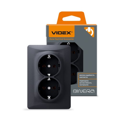 VIDEX BINERA Розетка двойная с заземлением черный графит