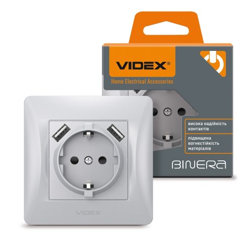 VIDEX BINERA Розетка одинарная с заземлением и 2USB серебряный шелк