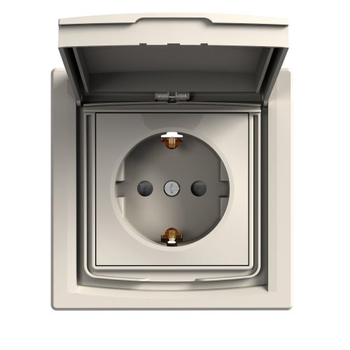 РОЗЕТКА IP44 с крышкой, с ЗАЗЕМЛЕНИЕМ, с защитными шторками, КРЕМ ASFORA