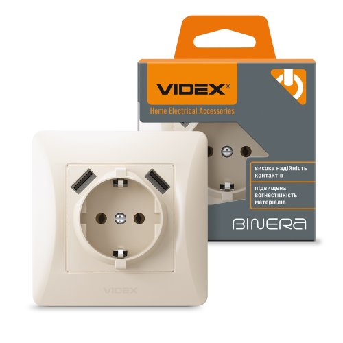 VIDEX BINERA Розетка одинарна із заземленням та 2USB кремова